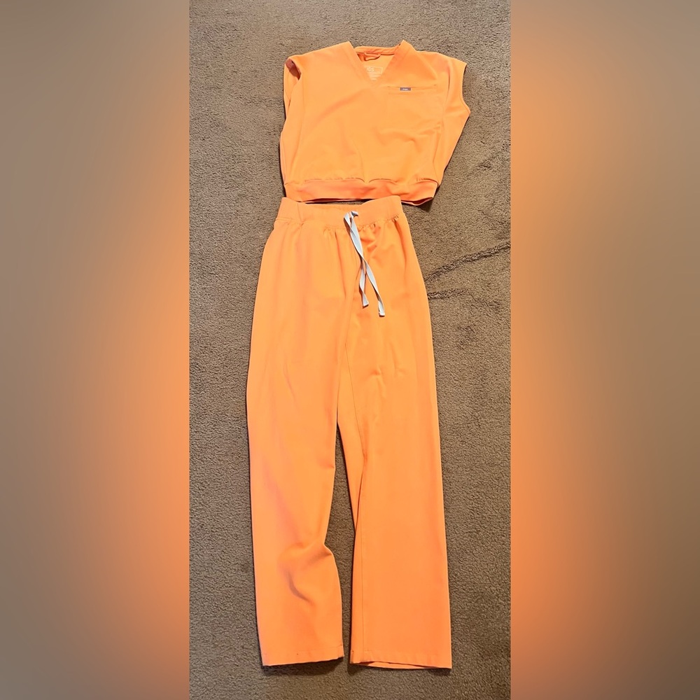 FIGS scrub set size xs.  Shake Orange. Livingston pants and Raleigh top.